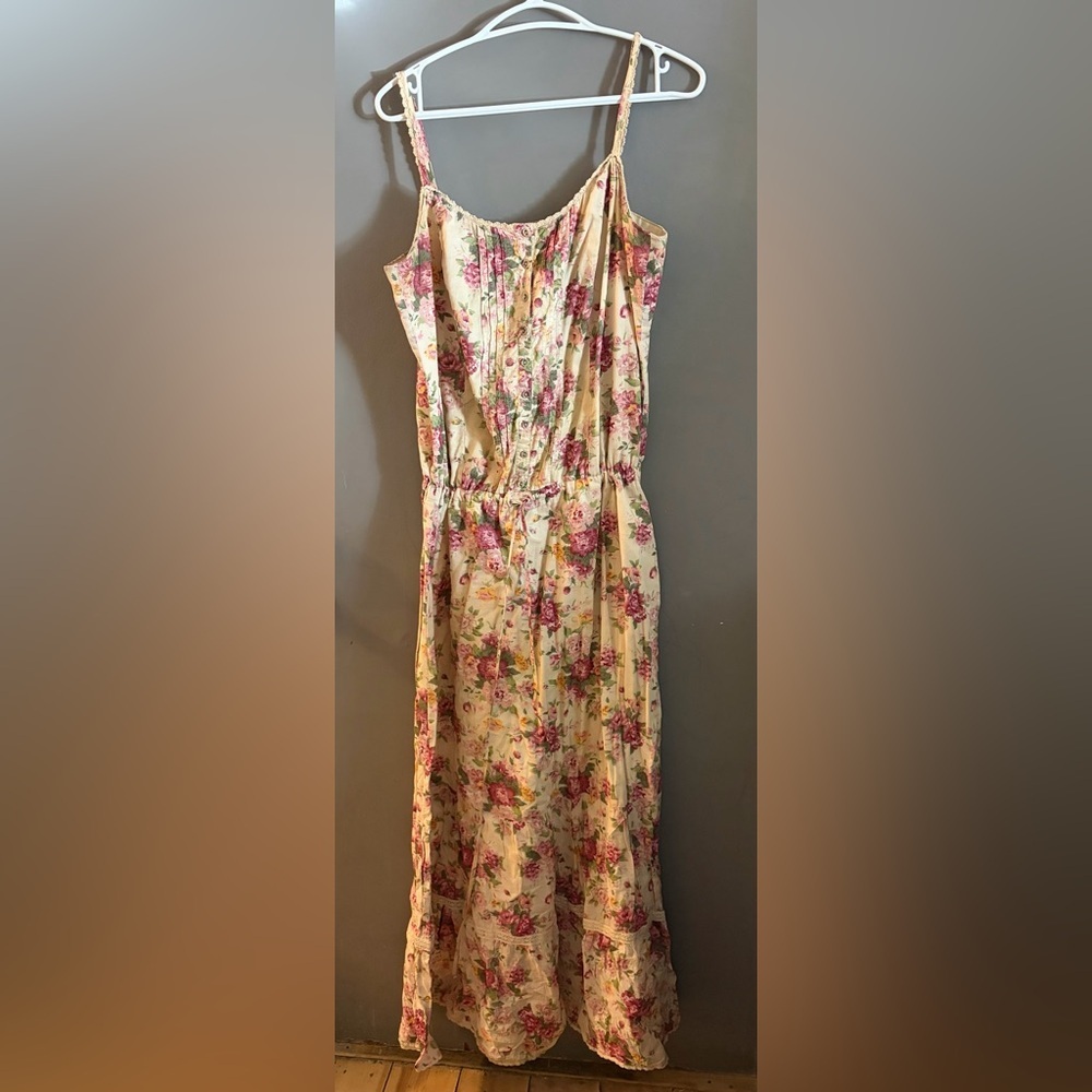 Esprit lined ruffle lace trim Cream and Pink Floral Maxi Dress fairy grunge